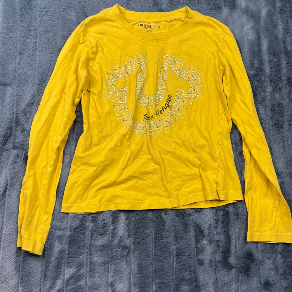 True Religion Girls Yellow Rhinestone Horseshoe Logo Long Sleeve Shirt L 14/16